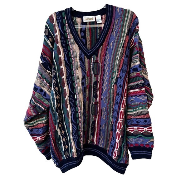 Golfsmith V Neck XXL Rainbow Knit Pullover Sweater 3D Knit Coogi Style 90s Cosby - Picture 1 of 11